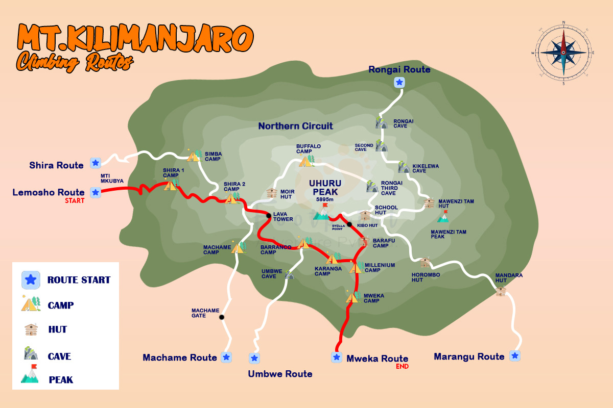 kilimanjaro map, marangu route map